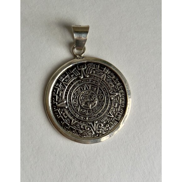 Solid 925 Sterling Silver Ancient Mayan Calendar Aztec Zodiac Wheel Pendant - Picture 7 of 16